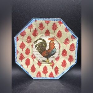 Artist Signed Decoupage Rooster Chicken Octagonal Glass Trinket Dish Home Decor